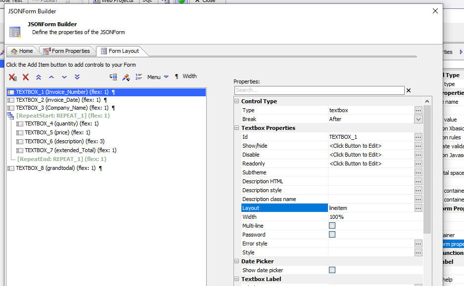 The Layout property settings for a JSON Form item.